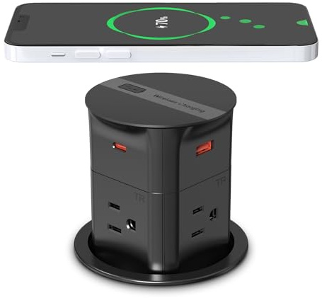 ANNQUAN 3.15 Pop Up Outlet with 15W Wireless Charger,Max 20W Power Delivery,800J Surge Protection,4 Tamper Resistant Outlets,4 USB Ports ETL Listed