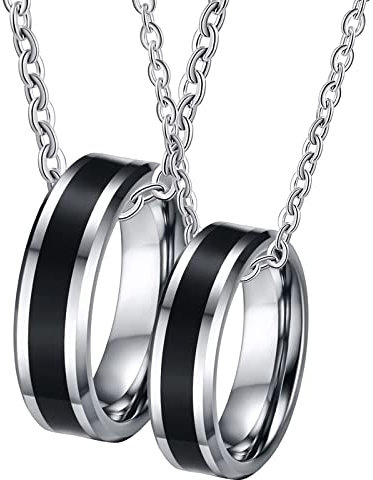 Wedding Band Ring Sets for Him and Her, Tungsten Rings Pendant Necklace 6mm Silver Beveled Edge with Black Enamel | Women N 1/2 & Men T 1/2
