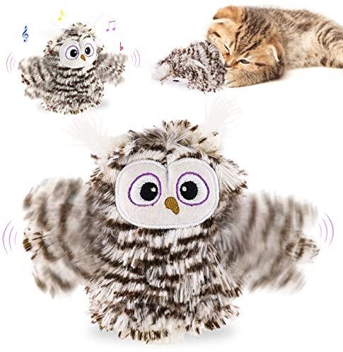 DESIMTION Jouet Interactif pour Chat Rechargeable - Ailes Battantes Automatiques, Sons Réalistes & 3 Modes de Vibration - Stimule l'Instinct de Chasse (Hibou)