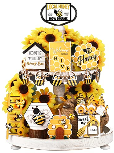 Amyhill 15 Pcs Summer Tiered Tray Decor Set Honey Bee Decor Bee Table Centerpiece Gift Beehive Tier Tray Yellow Rustic Wood Sign Decoration for Kitchen Home Table Farmhouse