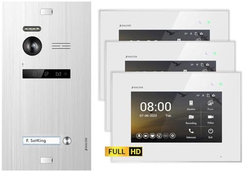 Balter EVO HD Silber/Weiß Video Türsprechanlage Set für 1 Familienhaus (1x Türstation mit Full HD-Kamera, 3X Touchscreen 7 Zoll Monitor, 2-Draht Bus, 175° Weitwinkel, Türöffner)