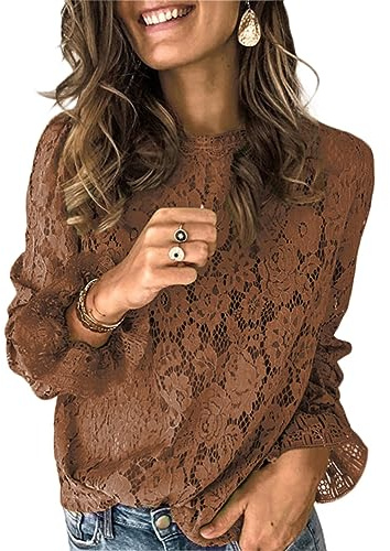 ORANDESIGNE Camicia in Pizzo Donna Autunno Camicia Elegante Collo Alto Shirt Pizzo a Manica Lunga Maglietta Formale Camicia Maniche a Sbuffo Casual Leggera Camicetta Lace Blusa