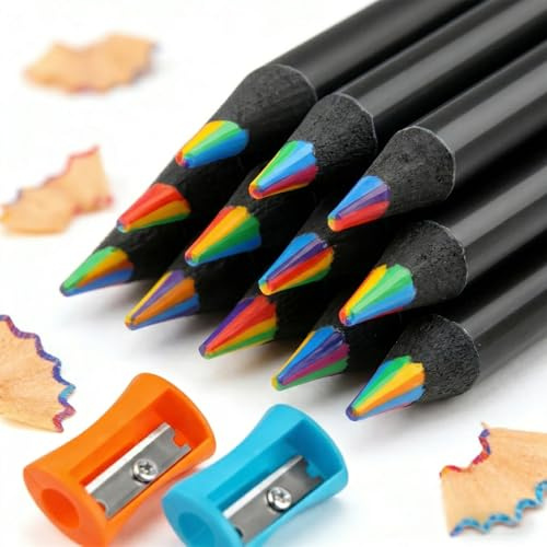 Deepton 24 Stück Regenbogenstift,Buntstifte 7 in 1,Farbstifte mit 2 Spitzer | Buntstifte Kinder, Dicke Buntstifte für Erwachsene, Regenbogen Stifte für Zeichnung, Skizzieren, Färbung, Schule