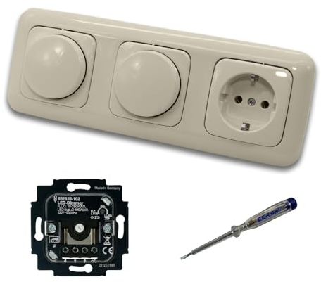 Busch Jäger 6523U-102 (2 x) LED Drehdimmer Dimmer + Dimmerscheibe 2115-212 und Steckdose 20EUC-212 in DURO2000 cremeweiß glänzend inklusive EBROM Phasenprüfer zur Montage der Geräte 6523 U – 102