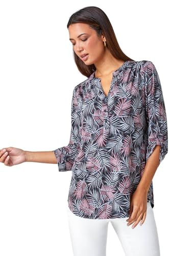 Roman Shirt for Women UK Ladies Top Collarless Blouse Stretchy Tunic Smart Casual Autumn Winter Jersey 3/4 Length Sleeve Notch V Neck Flattering Office Work - Red Grey - Size 10