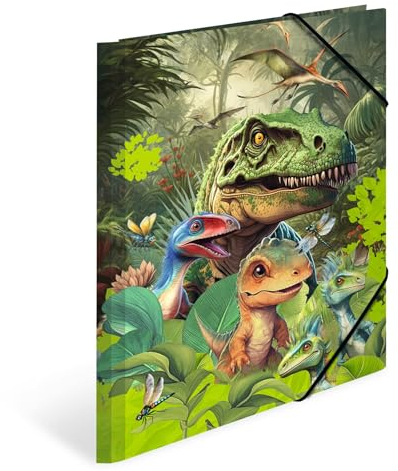 HERMA Sammelmappe A4 Dinosaurier, Kinder Eckspanner-Mappe aus Pappe mit Tier Dino Motiv, Gummizug, Innenklappen und Innendruck für Jungen und Mädchen