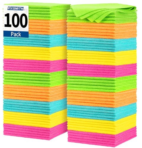FIXSMITH Microfiber Cleaning Cloth, 100 Pack Shop Towels, Lint-Free Car Wash Towels, All-Purpose Absorbent Cleaning Rags for Housekeeping, Dust Cloth for Office, Mechanic, Automotive (12inx12in)