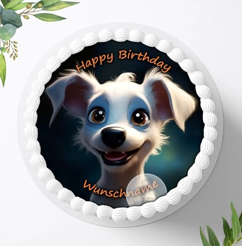 Für den Geburtstag ein Tortenbild, Zuckerbild mit einem Motiv vom süßen lustigen Hund mit Wunschname, Essbares Foto für Torten,Tortenaufleger Ø 20cm - 1617z