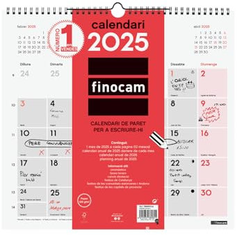 Finocam - Calendario Neutro de Pared para Escribir 2025 Mes Vista Enero 2025 - Diciembre 2025 (12 meses) Catalán