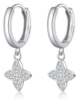 SLUYNZ 925 Sterling Silber CZ Blatt Klee Creolen für Frauen Teens - Lucky Clover Huggie Tropfen Ohrringe (A-Silber)