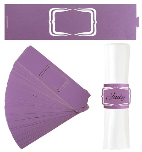 URROMA Serviettenhalter, violett, perlmuttfarben, 50 Stück, beschreibbare Namen, Papierserviettenringe, Schnallen, Halter für Hochzeit, Abendessen, Party, Feier, Tischdekoration, Dekoration