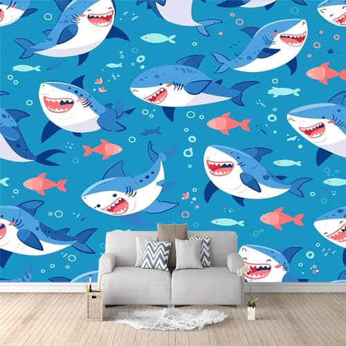 Fototapete Cartoon-Hai -Wanddeko, Wandbild, Wandtapete - Hochwertige Wanddekoration - 400 x 280 cm Vlies Tapete Wohnzimmer Schlafzimmer