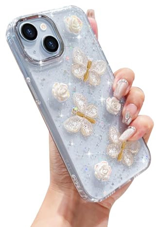 L-FADNUT for iphone 14 case for iPhone 13 case for Girls Women,Luxury 3D Butterfly Floral with Pretty Sparkle Glitter Design,Clear Cute Shockproof Cover Protective Bumper Phone Case for iPhone 14/13