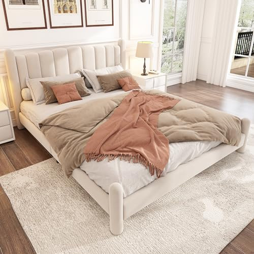 Lit 180x200 Avec Sommier à Lattes et Tête de Lit Velours, Double Capitonné, Design en Éventail, Cadre et Pieds de Support Cylindriques, Beige