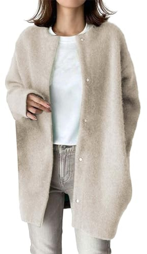 Angxiwan Cardigan for Women UK Korean Wool Coat Slim Trench Long Coat Fall Winter Elegant Round Neck Straight Korean Coat Mid Long Wool Overcoat Womens Lightweight Cardigan