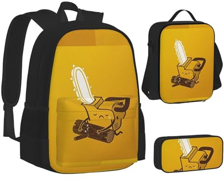 JUANYQME Cute Crying Chainsaw Backpack 3 Piece Set Bookbag Pencil Case Lunch Bag Combination For Women Men Backpack