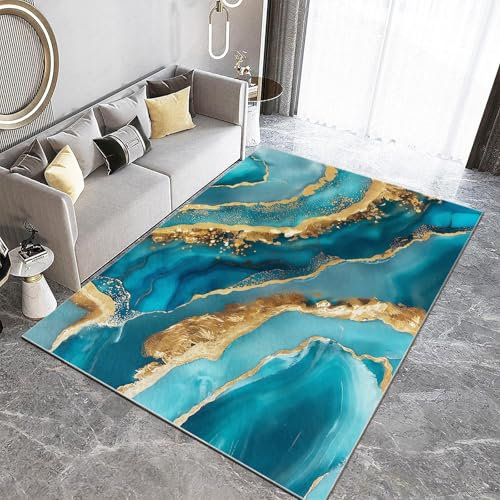 Teppich Wohnzimmer 120 x 170 cm Türkis Abstrakte Malerei Goldene Adern 3D Teppich-Küche Jugendzimmer Esszimmer und Schlafzimmer Teppich Kurzflor Teppich Extra Weich Pflegeleicht