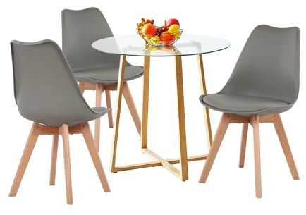 H.J WeDoo Esszimmergruppe Esstisch mit 3 Stühlen Essgruppe, Rund Tisch Glas und Esszimmerstühle Sitzgruppe für Balkon, Esszimmer, Küche, Wohnzimmer(Glas Tisch+3 Grau Stühle)