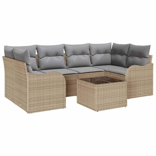 vidaXL 7-teiliges Garten-Sofa-Set mit Kissen in Beige, aus Poly Rattan. Modulare Patio Möbel für 5 Personen. Verstellbare Füße, modernes Design für die Terrasse. Wetterfest und UV-beständig.
