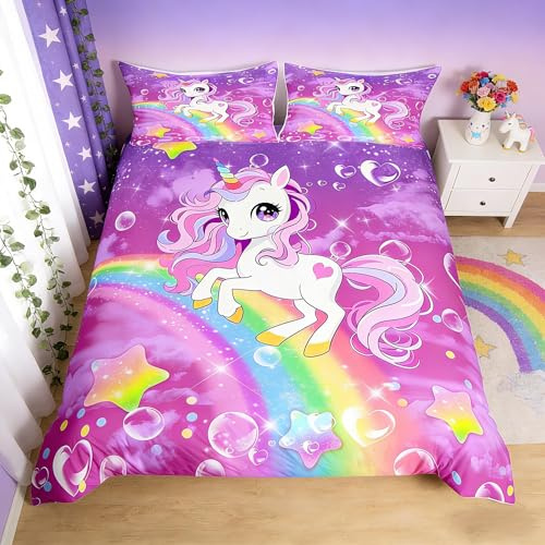 Homemissing Einhorn Bettwäsche-Set Kids Cute Dreamy Pferd Bettwäsche Set 155x220cm für Jungen Teens Regenbogen Bettbezug Set Cartoon Star Druck Lila Bettbezug Zimmer Dekor
