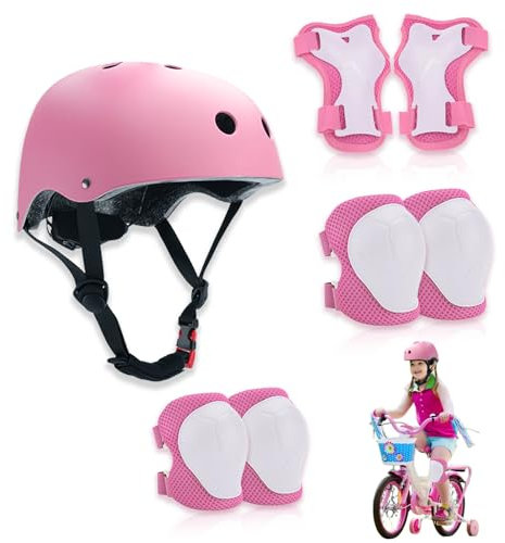 Zyluniy Set di Protezioni per Bambini, Set di Casco Protezione Bambini, traspirante e regolabile, set di ginocchiere per bambini per bicicletta, skateboard, scooter (rosa)