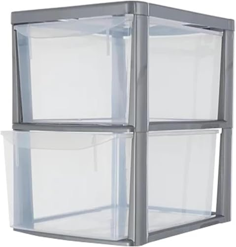 Sidsons - Large Plastic Storage Drawer Unit - Stackable Transparent Units - Clear Drawers for Home, Office Makeup Organiser - Compact Organiser Chest - Multi-Room Storage Solution (Silver, 2 Tier)