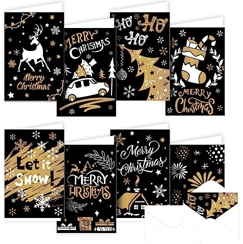 VEYLIN Weihnachtskarten Set, 16 Stück, 15,2x10,2cm, Goldene Karikatur, Klappkarten für Familie und Freunde