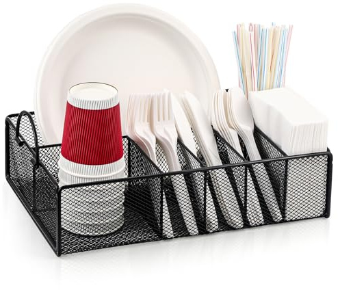 ZZDWLDHA Utensil Caddy with Handle, Metal Paper Plate Holder for Kitchen Counter,Silverware Cutlery Caddy Organizer Flatware Storage for Plastic Spoon Fork Plates Napkins Cup Party Camping Black