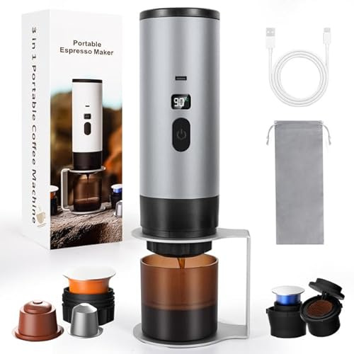 SOPPY Machine à café portable avec égouttoir à café, machine à expresso de camping, mini machine àcafé auto-chauffante, compatible avec moulu et capsules de café, grise