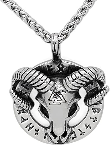 RZRPYFMM Viking Sheep Head Skull Pendant Necklace Nordic Rune Triangle Symbol Pendant Stainless Steel Satan Worship Ram Constellation Pendant Necklace,Silver,60