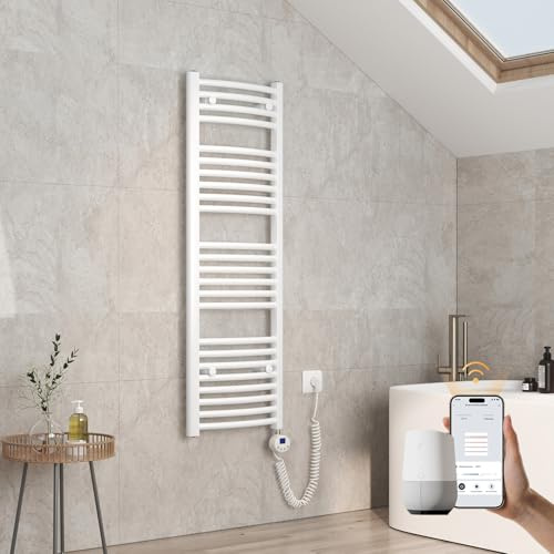 EMKE Gebogen Badheizkörper Elektrisch 1200x400 mm - WiFi Handtuchheizkörper Elektrisch, Elektrischer Handtuchwärmer Handtuchtrockner Handtuch Heizkörper Bad mit Thermostat und Heizstab - 500W, Weiß