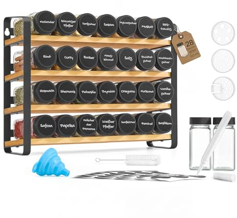 SONGMICS 4-Tier Spice Rack with 28 Glass Jars, Kitchen Organiser | Spice Rack with Labels, Funnel, Marker and Brush, Ink Black and Light Bamboo, BYSTRO Collection KCS064B101