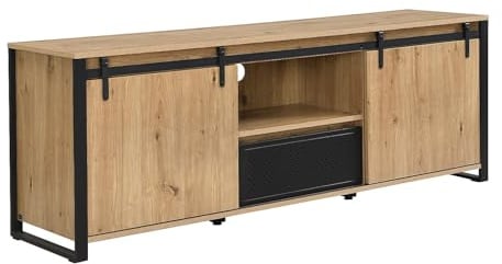 Vente-unique - Meuble TV avec 2 Portes coulissantes, 1 tiroir et 1 Niche en MDF et métal Noir - Naturel - BELINARO