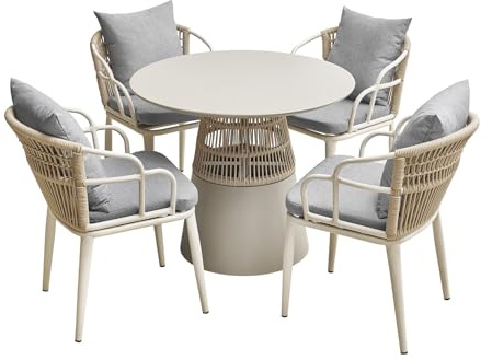 MAT-COMPANY modernes Gartenmöbel Set 4 Stühle Tisch rund 90 cm Aluminium Balkon Terrasse Garten Set wetterfest mit Kissen grau beige