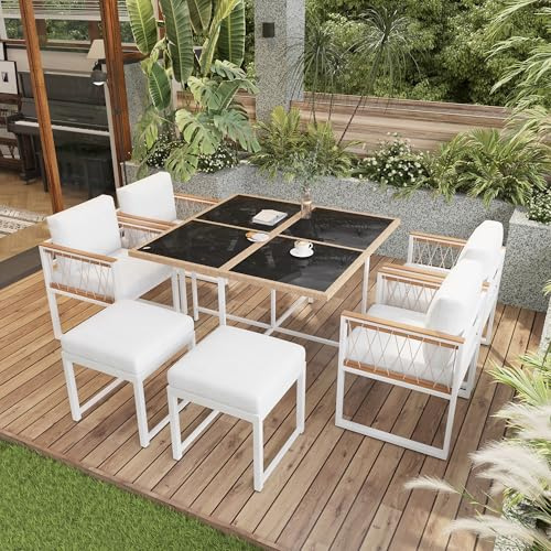 Merax Gartenmöbel Set 6 Personen, 7-teiliges Garten Essgruppe mit Glastisch 117x117 cm, Sitzgruppe Outdoor,Gartentisch gehärtetes Glas, wetterfest Balkon Terrasse Möbel Set