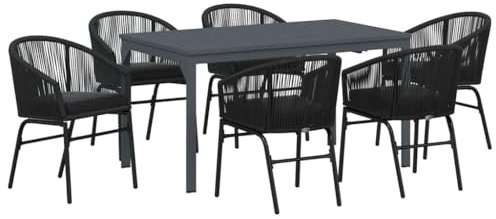 Keeushr Garten Essgruppe 7-teilig Schwarz Poly-Rattan, Esstischgruppe Terrasse 7 Plätze mit ausziehbarem Tisch und Sesseln