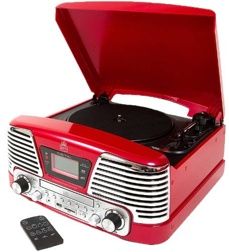 GPO Memphis Equipo Reproductor de vinilos - Tocadiscos de Vinilo, CD, Radio FM, USB - Rojo