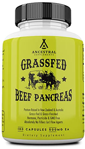 Ancestral Supplements Grass Fed Beef Pancreas Supplement, 500mg, Pancreatic Support with Proteolytic Enzymes for Digestion Support, Including Trypsin, Non-GMO, 180 Capsules