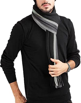 MAKFORT Herren Schal Schwarz Grau Winter Dicker Imitation Kaschmir Herrenschal Mit Fransen 180 * 30cm
