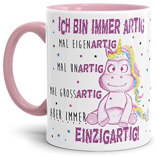 Einhorn-Tasse mit Spruch Immer Einzigartig - Unicorn/Geschenk-Idee/Freunde/Sterne/Innen & Henkel Rosa