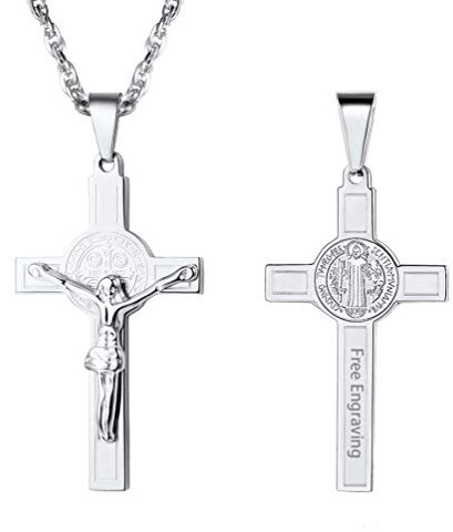 PROSTEEL personalisiert Kreuz Kette Herren Edelstahl Anhänger Halskette Name Texte Gravur Kruzifix Benediktuskreuz Religiöser Modeschmuck für Männer Jungen (Silber)