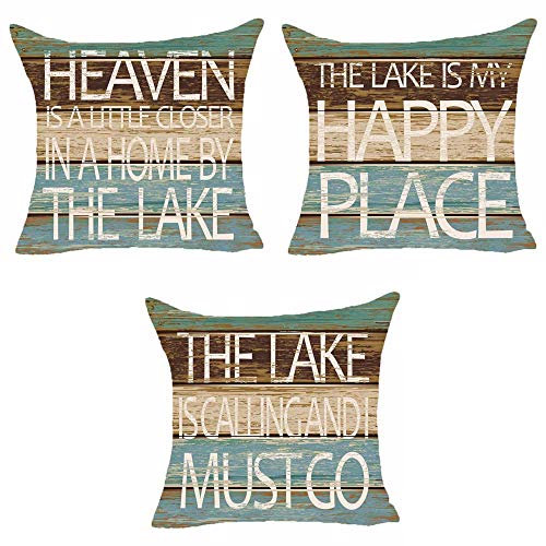 SOPARLLY Set mit 3 sommerlichen Worten The Lake Is My Happy Place Heaven Is A Little Closer In A Home By The Lake Kissen, Baumwollleinen, dekorativer Kissenbezug für Zuhause, Büro, 45,7 x 45,7 cm