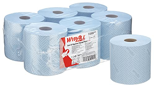 WypAll L10 Food & Hygiene Wiping Paper 7255-1 Ply Centrefeed Blue Roll - 6 Centrefeed Rolls x 800 Paper Wipes (4,800 Total)