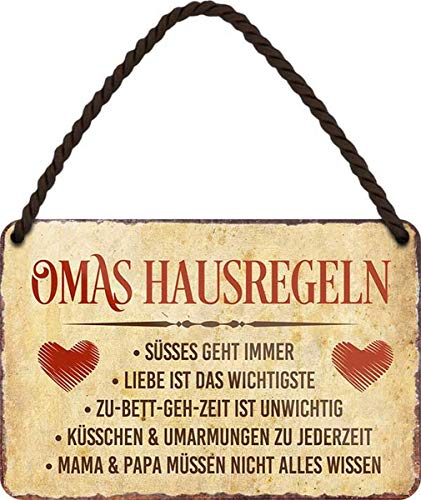 WOGEKA ART Retro Blechschild - Omas Hausregeln - Süßes geht immer - witziger Spruch Geschenk-Idee zum Geburtstag Weihnachten Dekoration 18x12 cm Vintage-Design Hänge-Schild Metall HS113