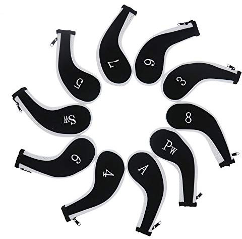 MamimamiH Golfschlägerhauben mit langem Hals, Eisen, mit Reißverschluss, passend für alle Marken Titleist, Callaway, Ping, Taylormade, Cobra, etc. 3-Sw, Weiß / Schwarz, 10 Stück