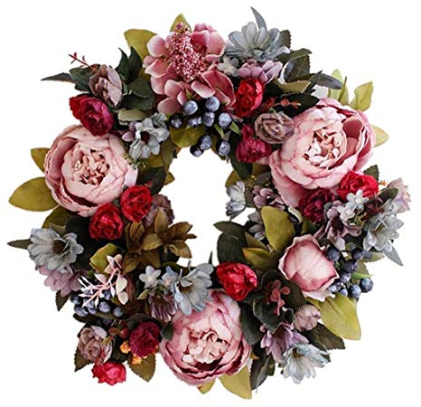 tJexePYK Türkranz 35cm künstliche Blumen-Kranz-Rosa-Fälschungs-Pfingstrosen-Blumen-Girlande für Haustür Wand Hochzeit Dekoration Supplies