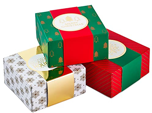 Hallmark 10,2 cm kleines Geschenkbox-Set mit Wickelbändern (3 Boxen: rot und grün Merry Christmas, goldHappy Holidays, Streifen, Schneeflocken, Bäume) für Weihnachten, Chanukka, Wintersonnenwende,