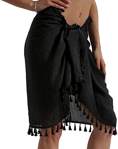 Vestidos Verano Mujer de Playa Semi-Transparente Ropa de Baño Bañador de Gasa Falda Corta con Borlas Negro