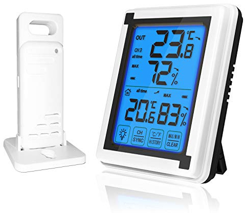 ThreeH Thermomètre Intérieur Extérieur avec 1 Capteur sans fil, Moniteur d'humidité Température avec écran Tactile LCD Baklight pour Bureau à domicile (1 capteur)