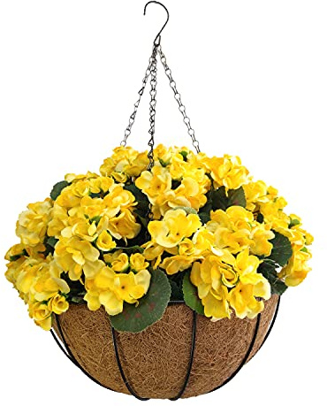 Chain Hanging Basket Flower Pot DIY Artificial Yellow Begonia Plug Flowers Apply to Home And Outdoors Decoration (Big Basket)